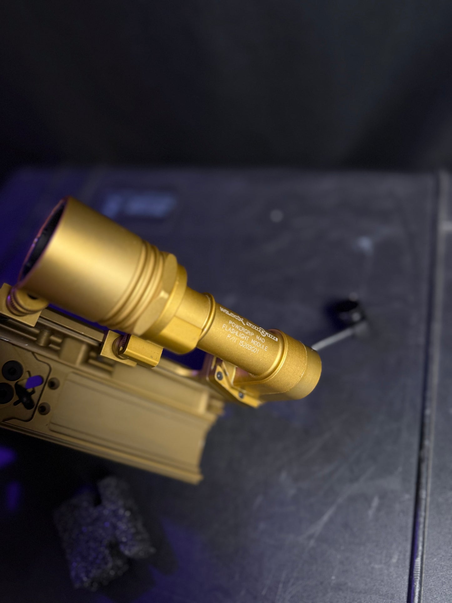 Rare gold Wilcox/Surefire 416 Flashlight and power grip module for PEQ